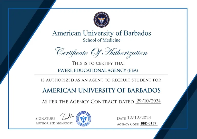 American University of Barbados School of Medicine certificate issued to Ewere Educational Agency