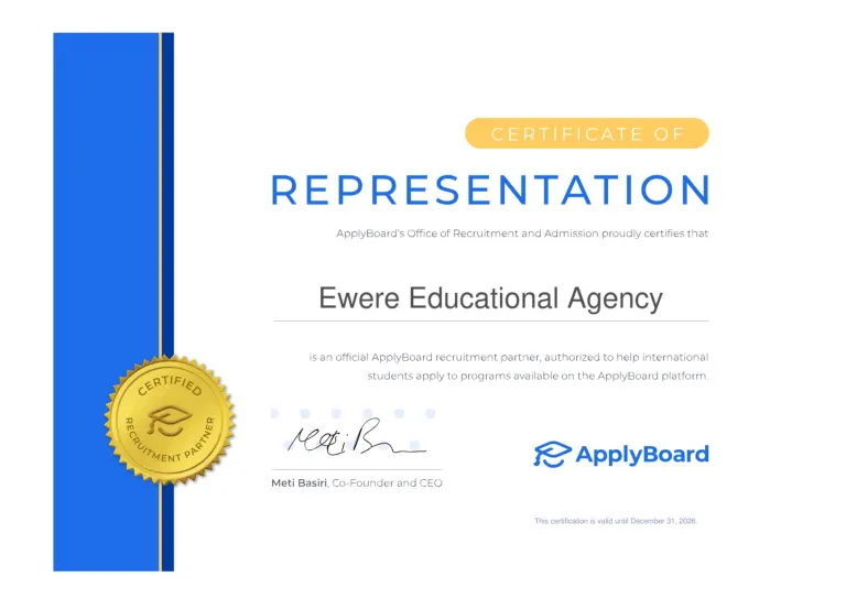 ApplyBoard certificate issued to Ewere Educational Agency