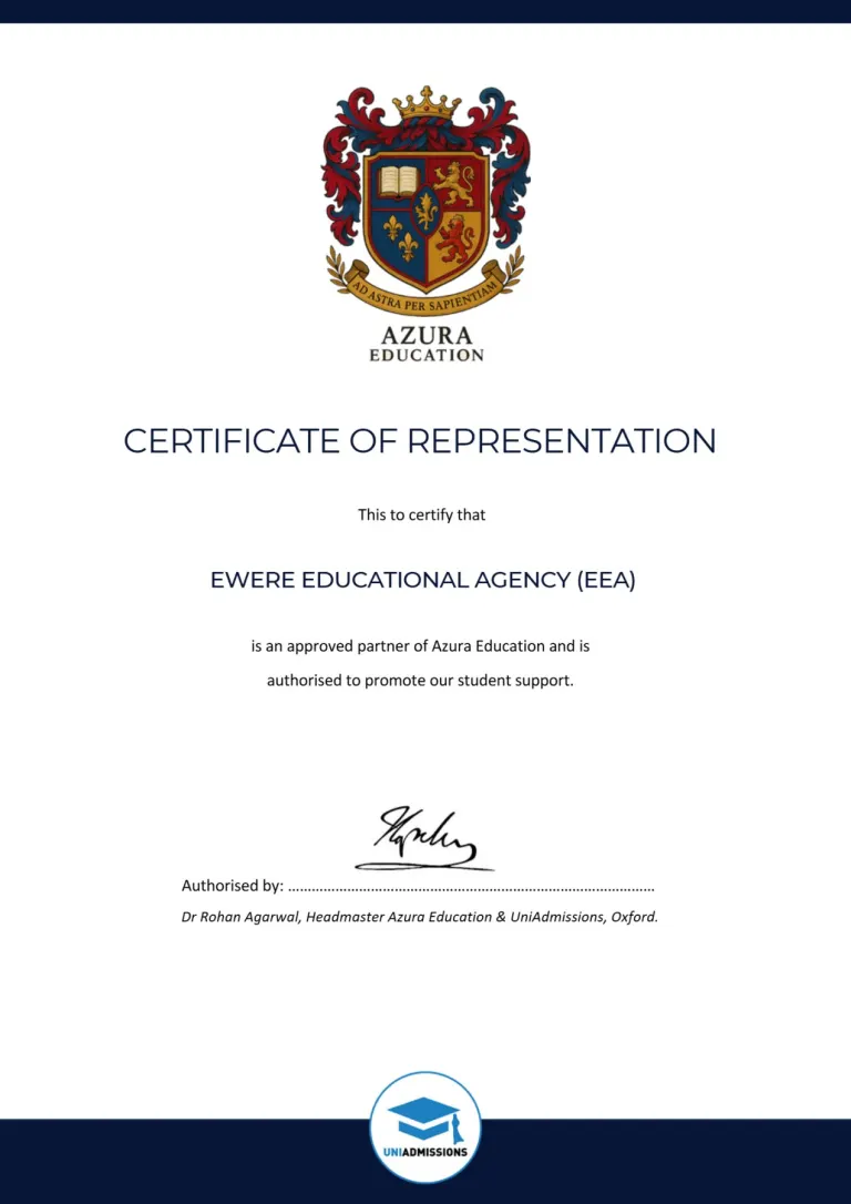 Azura Education & UniAdmissions, Oxford certificate issued to Ewere Educational Agency