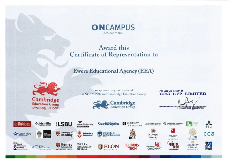 ONCAMPUS & Cambridge Education Group certificate issued to Ewere Educational Agency