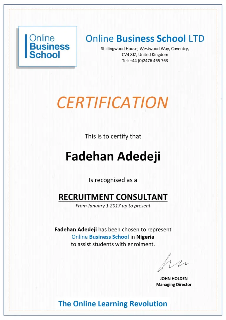 Online Business School, United Kingdom certificate issued to Ewere Educational Agency